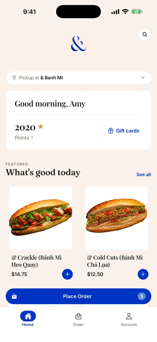 The And Bánh Mì app — a real shop's branded iPhone app built on Tany, showing pickup location, points balance and featured bánh mì