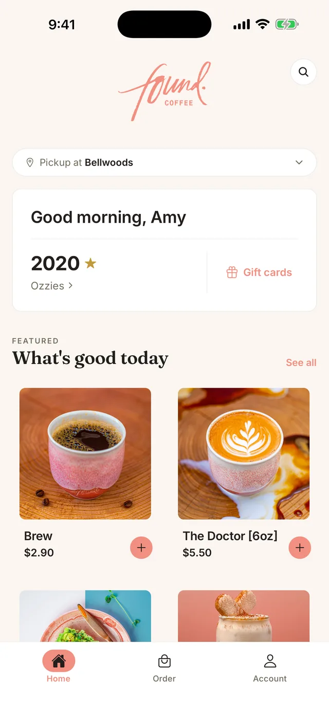 The Found Coffee app — a real shop's branded iPhone app built on Tany, showing pickup location, loyalty balance and featured drinks